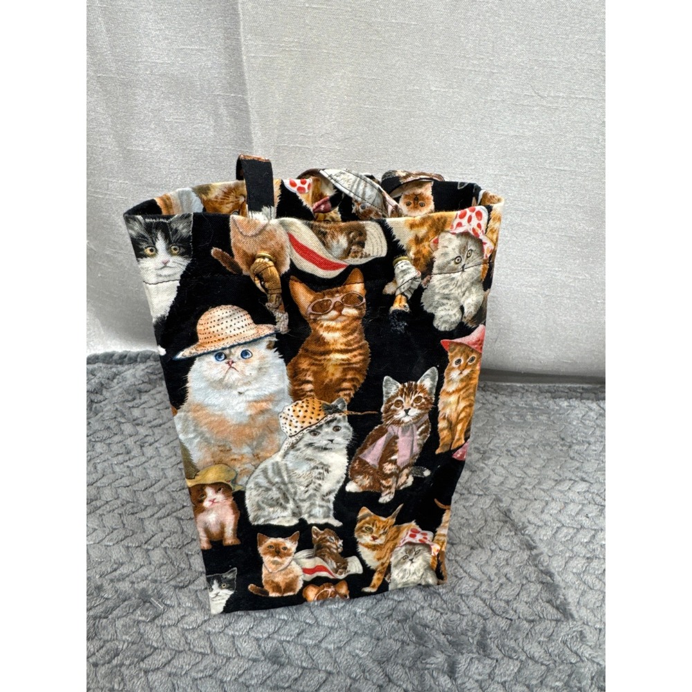 Handmade Whimsical Cats in Hats Novelty Print Canvas Tote‎ Bag Black Multi Small